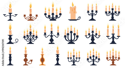 Large set of various candlestick and candelabra designs with burning candles in different styles and heights in vector.