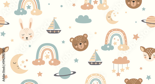 Gentle nursery seamless pattern with animals, rainbows, stars, moons, and boats in soft neutral and pastel color tones.