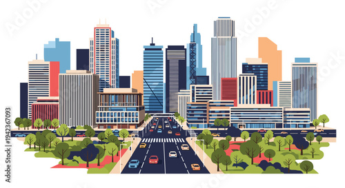 Busy city skyline landscape featuring a wide multi-lane highway with cars leading towards a cluster of modern skyscrapers.