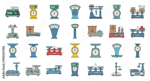 Collection of different types of industrial and kitchen scales for weighing boxes, food, and various objects in vector style.