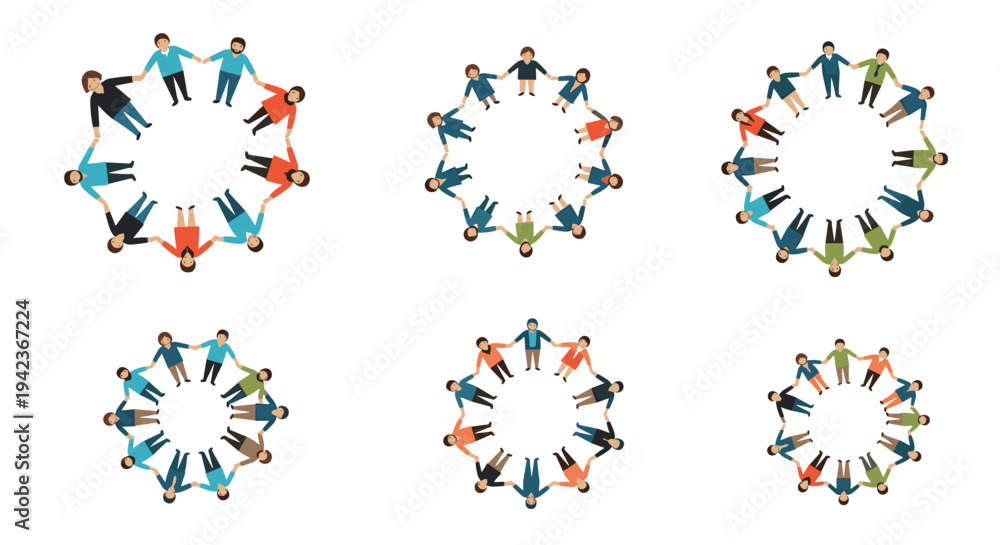 Fototapeta premium Diverse groups of people of different ages and ethnicities holding hands to form circles representing community and global partnership.