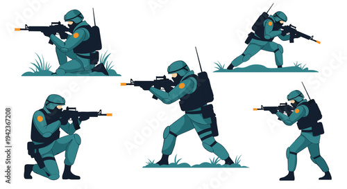 Set of soldiers in tactical military gear and uniforms holding rifles in different combat and stealth positions.
