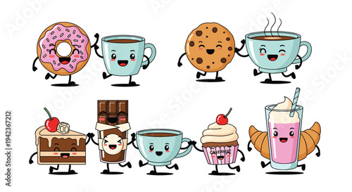 Group of adorable anthropomorphic food and drink characters including coffee donuts and cake holding hands together.