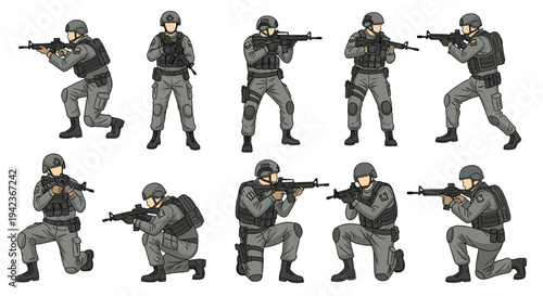 Detailed illustrations of tactical soldiers in gray uniforms with equipment and rifles in standing and kneeling combat poses.
