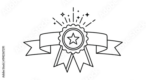 Detailed black and white line art of a first place award ribbon featuring a central star badge and celebratory shining rays.