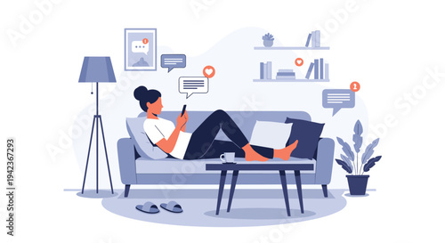 Young woman relaxing on a comfortable sofa while using her smartphone with social media notification icons in a blue room.