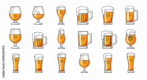 Extensive collection of various beer glasses mugs and pint cups filled with golden lager featuring frothy foam tops.