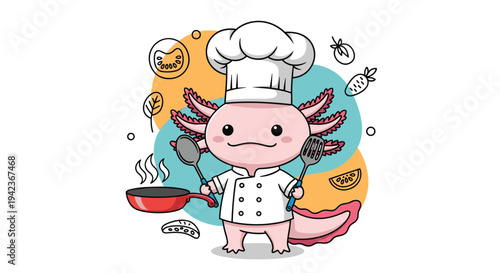 Adorable pink axolotl character wearing a chef hat and coat holding a spatula and spoon while cooking in a kitchen.