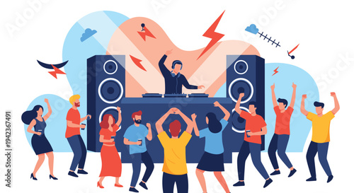 Enthusiastic crowd dancing at a music party with a DJ performing at a turntable station in a vibrant nightclub setting.