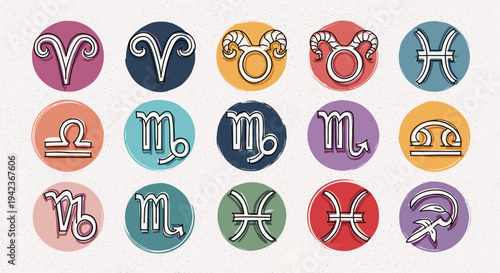 Comprehensive set of twelve zodiac signs presented as colorful textured circle icons in a hand-drawn style.