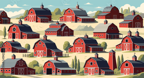 Pastoral countryside landscape filled with numerous traditional red wooden barns under a bright blue sky.