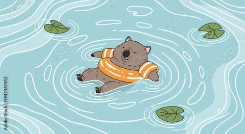 Adorable wombat wearing an orange striped life jacket floating peacefully in a calm pond with lily pads.