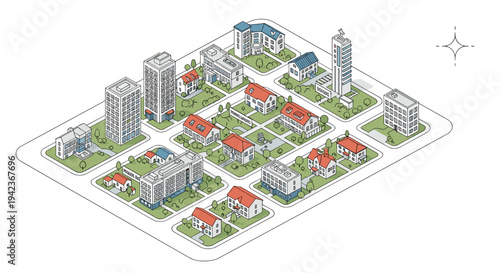 Isometric urban planning illustration of a modern suburban neighborhood with diverse residential buildings.