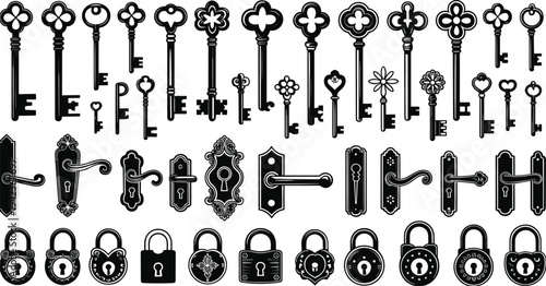Vintage keys, door handles and padlocks collection illustration, antique security hardware set, retro locksmith elements isolated design