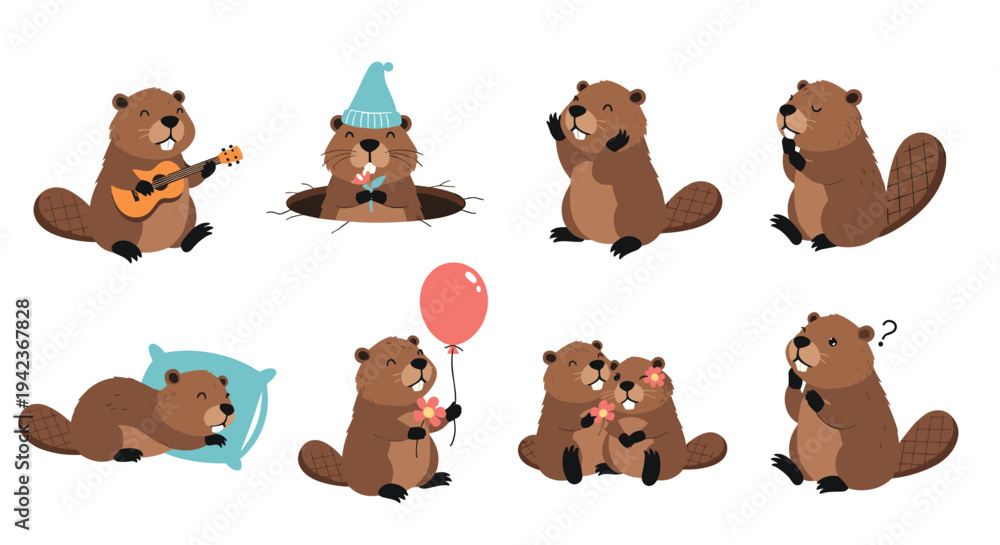 Fototapeta premium Cute beaver characters in various fun poses like playing guitar, sleeping, and holding a bright red balloon.