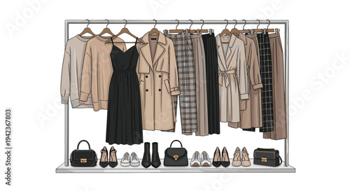 Stylish clothing rack filled with elegant women's apparel in neutral beige and black tones with matching shoes.