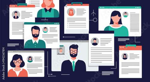 Abstract digital visualization of candidate profiles and resumes on a dark background for recruitment concepts.