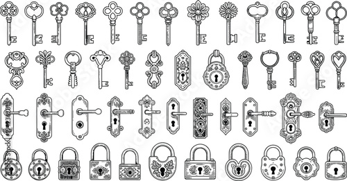 Vintage skeleton keys, antique locks and door handles collection illustration, retro locksmith security hardware elements set isolated