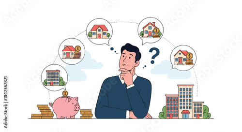Thoughtful man considering various real estate investment options like residential houses and apartment buildings.