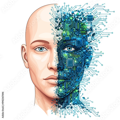 Human Face Merges with Digital Circuitry in Futuristic Design