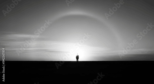 Silhouette of a man standing on a pier at sunset as the golden light of the summer sun reflects off the sea and clouds across a beautiful coastal landscape