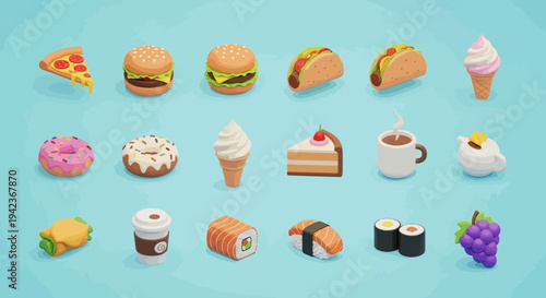 Cartoon vector illustration collection featuring a set of Easter icons with eggs and flowers alongside sweet bakery food like cake, chocolate candy, and breakfast dessert design elements