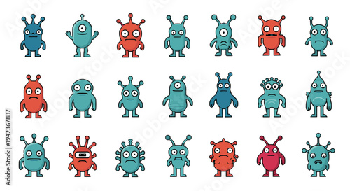 Extensive collection of quirky colorful alien characters with unique features like antennas and multiple eyes.