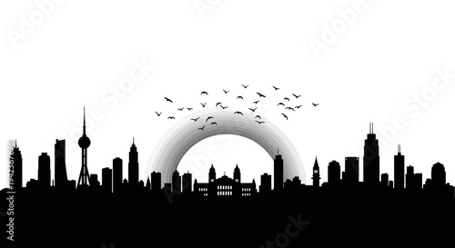 Red silhouette of the City of London skyline featuring vector architecture and skyscraper buildings against a vibrant urban background illustration for business travel and downtown landscape panoramas