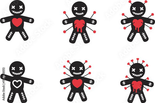 Voodoo doll collection with pins and heart symbols, spooky stitched doll set, dark magic cartoon vector illustration isolated