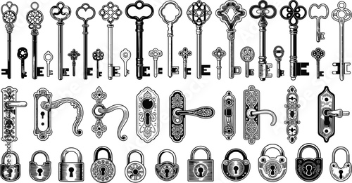 Vintage skeleton keys, antique door handles and padlocks collection illustration, retro locksmith security hardware elements isolated design set