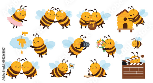 Collection of cute honey bee characters in various activities including dancing, hugging, taking photos, and collecting honey for children.