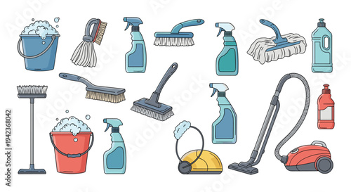 Comprehensive set of domestic cleaning tools and equipment including buckets, brushes, sprays, vacuum cleaner, and detergents on white.