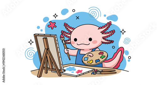 Adorable pink axolotl character wearing an apron and painting a masterpiece on a canvas with a palette and brushes in a creative studio.