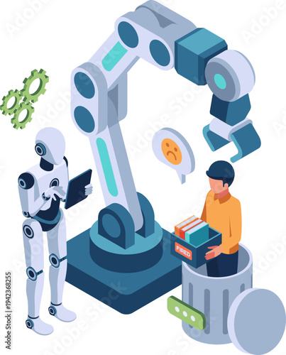 Isometric AI Robot Replacing Human Worker
