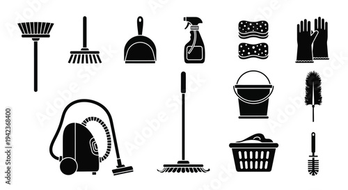 Black silhouette icons depicting various cleaning tools and supplies