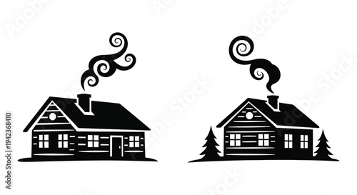Two simple black and white illustrations of cozy cabins with swirling smoke