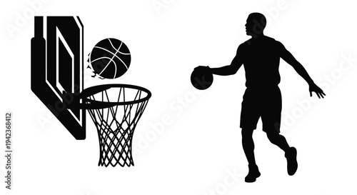 Silhouette of a basketball player about to shoot through the hoop