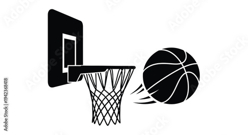 A black and white illustration depicting a basketball approaching a hoop