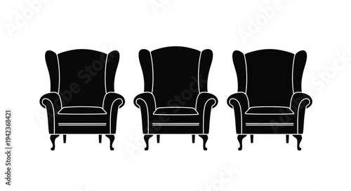 Three black silhouettes of high backed armchairs in a linear arrangement