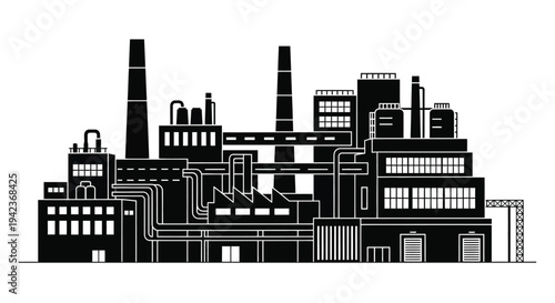 A stark black and white illustration of an industrial factory complex