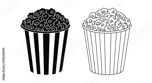 Two black and white illustrations of popcorn in striped containers