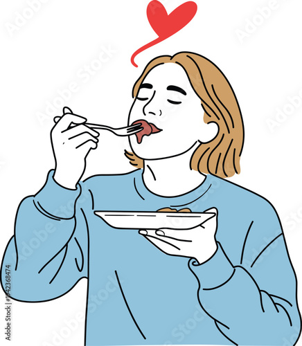 Woman enjoying delicious food illustration, happy person eating meal with love concept showing tasty food enjoyment and satisfaction