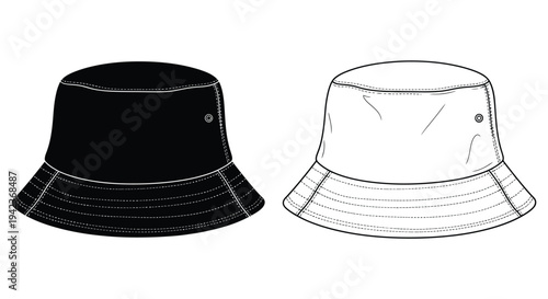 Two bucket hats a solid black version and a line art rendering