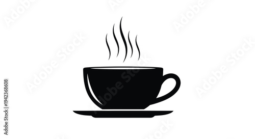 A simple black and white illustration of a steaming cup of coffee