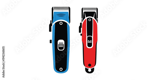 Two hair clippers displayed one blue and black one red and black
