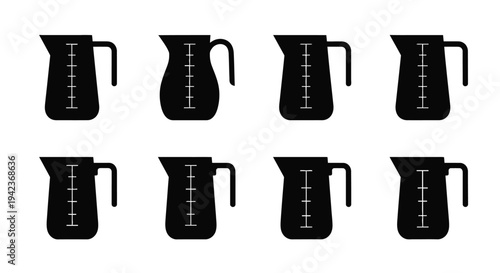 Six black silhouettes of measuring pitchers arranged in a grid pattern