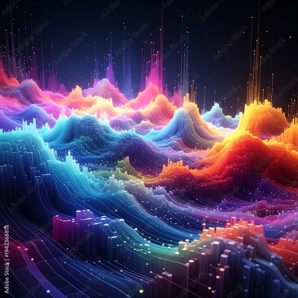 Fototapeta premium A vibrant digital landscape with rainbow-colored waves and glowing particles