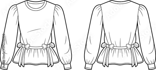 Women blouse fashion technical drawing front and back view, long sleeve bow waist detail apparel design outline illustration