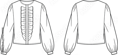 Women ruffle blouse technical fashion template, long puff sleeve clothing flat sketch, front and back view outline vector illustration