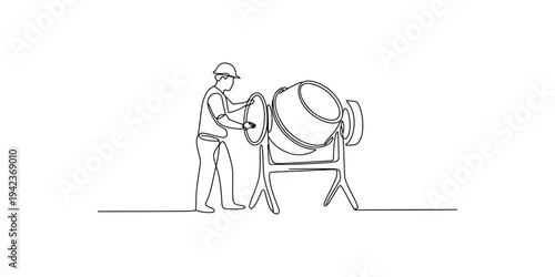 Continuous line drawing of construction worker operating cement mixer illustration one man hat